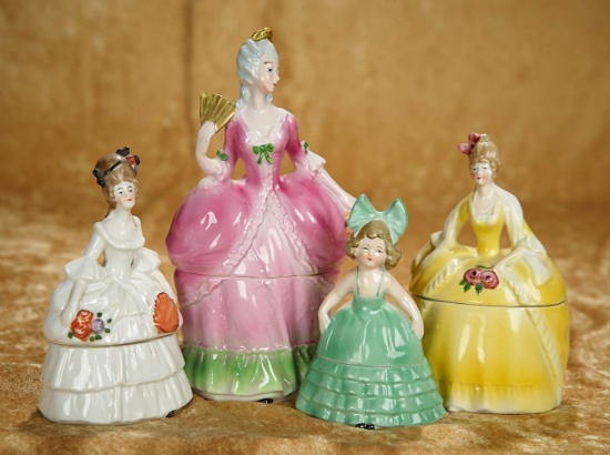 5"-8" Four German porcelain ladies in the 18th century manner as powder boxes. $200/400