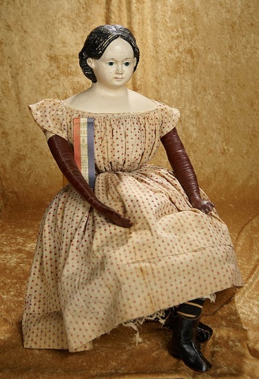 33" American  paper mache doll by Ludwig Greiner with early 1858 patent label. $600/900