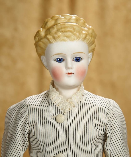 21" German bisque lady with sculpted blonde hair and rare glass eyes. $400/600