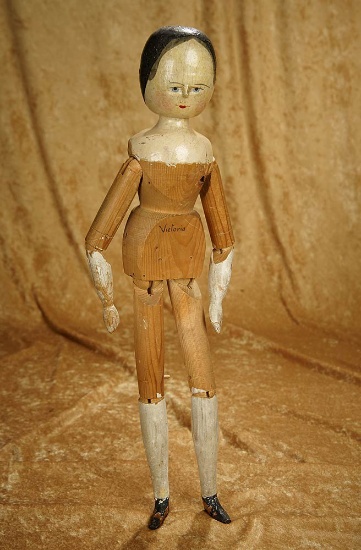 21" Grodnertal peg-wooden doll "Victoria" in rare size, original finish. $500/700