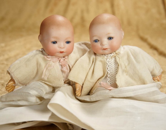 8" Twins, German bisque "Newborn Babes" by Amberg in matching costumes. $300/500