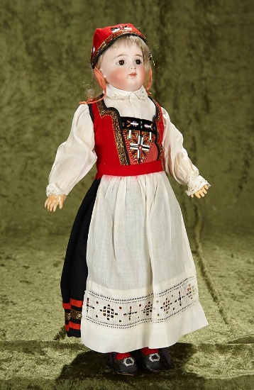 18" German bisque doll with closed mouth, Kestner, wonderful original folklore costume. $400/500