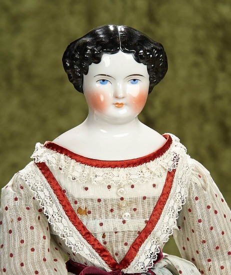 21" German porcelain lady doll with black sculpted curls, lovely costume. $400/500