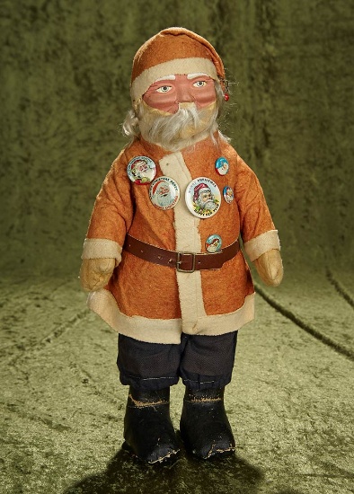 19" German paper mache St. Nicholas with original flannel costume, celluloid pins. $400/600