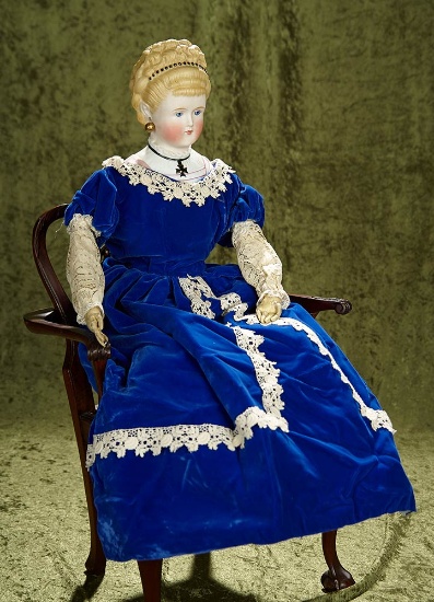 28" German bisque lady with sculpted blonde hair, bodice and  jewelry. $400/600