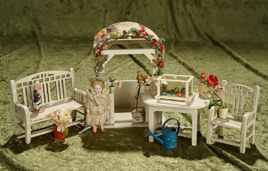German Wooden Garden Gazebo and Furnishings, with 5" All-Bisque Doll. $300/500