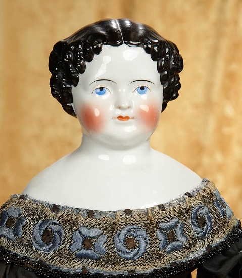 26" German porcelain lady doll, black sculpted curls, antique body. $400/500