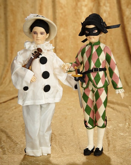 14". Pair, American felt dolls "Harlequin" and "Pierrot" by R. John Wright, mint in box. $500/800