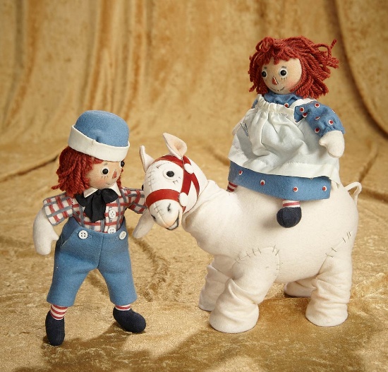 8" Felt Raggedy Ann and Andy by R. John Wright, and Camel with Wrinkled Knees. $600/800