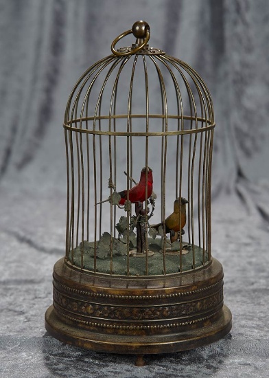 11" Swiss Mechanical Birds in Brass Cage. $800/1000