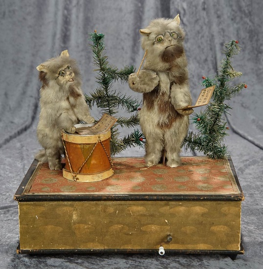 15"h. German musical handwind vignette" Two Kittens Singing Carols" Zinner & Sohne. $1400/1700