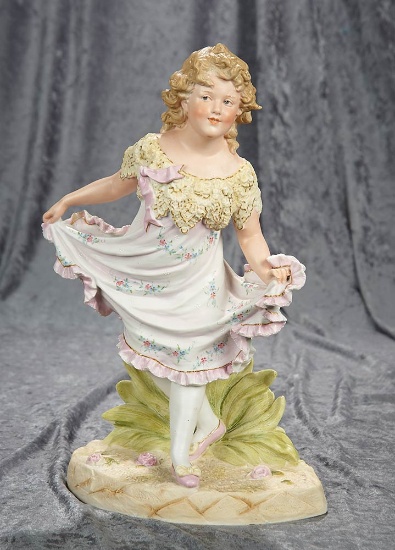German Bisque Figure "Brown-Haired Girl in Curtsy Pose" by Gebruder Heubach. $300/500