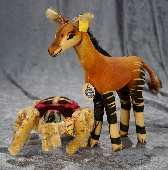8" & 10" German mohair "Spidy" and "Okapi" by Steiff with original labels, c. 1950. $400/500