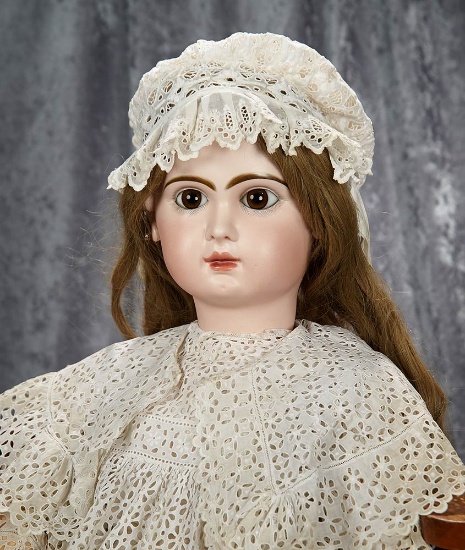 34" French bisque brown-eyed Bebe Jumeau, size 16, closed mouth, fabulous costume. $2500/3200