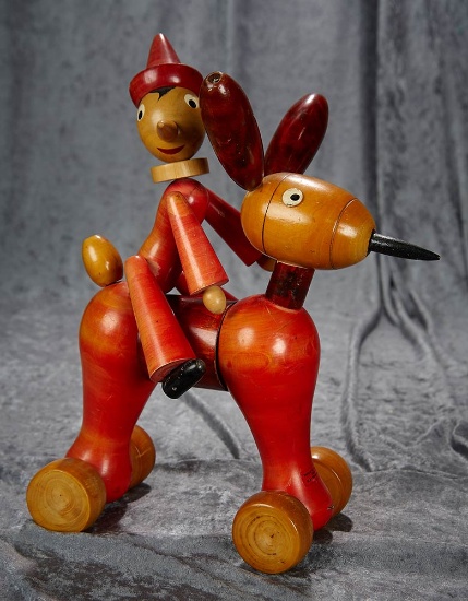 15"h. Italian wooden Art Moderne Pinocchio on horse, for B. Altman store $400/500
