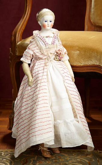 Exquisite German Bisque Lady Doll with Elaborate Bodice and Glass Eyes 1200/1600