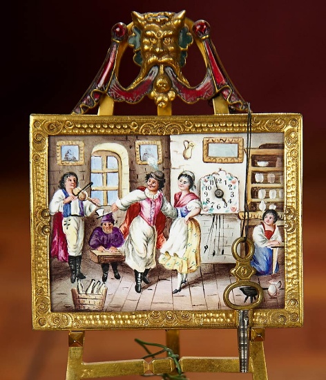 Viennese Enamel Miniature Painting with Clock on Bronze Easel 800/1100