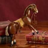 American Wooden Brown Horse with Glass Eyes and Saddle by Schoenhut 400/600
