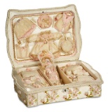 Superb French Silk Presentation Box with Tiny Bisque Doll and Trousseau 1800/2600