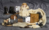 German all-bisque doll, fancy painted boots, and collection of various doll accessories. $300/500
