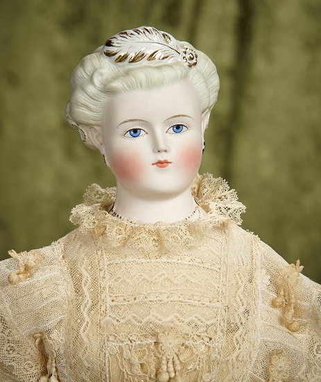 21" German bisque lady doll, sculpted rare pale blonde hair, gilt edged feather, necklace. $600/900