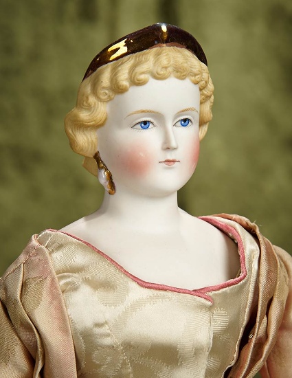 20" German bisque lady with sculpted hair, lustre diadem, brown hair ribbons, earrings. $700/900