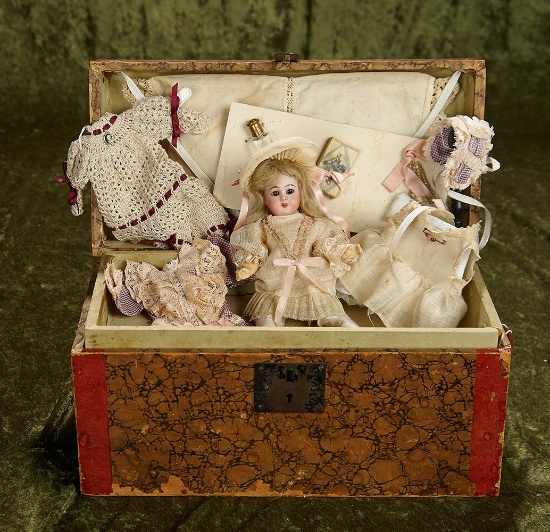 9" German bisque child, 1079, by S&H in trunk with costumes and accessories. $400/600