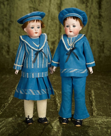 Pair, 16" German bisque children by Heubach Koppelsdorf in matching costume. $300/400