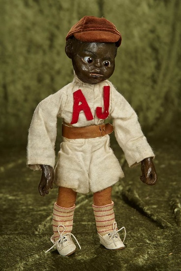 11" American wax portrait of young black boy in baseball uniform by Mary McEwen. $500/700