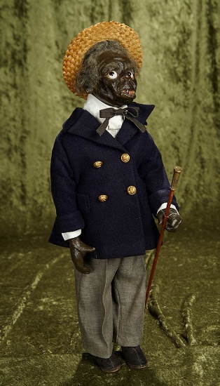 20" American wax portrait doll of black complexioned elderly man by Mary McEwen. $600/900