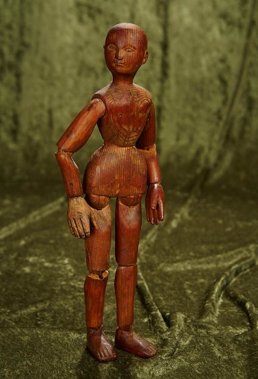 13 1/2" Mid-1800s Carved wooden artist mannequin doll with elaborate articulation. $500/700