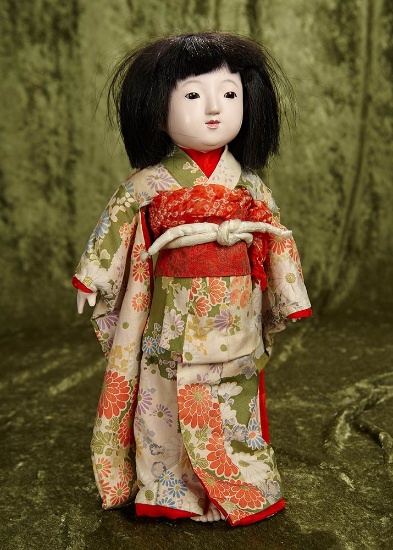 15" Japanese paper mache Ichimatsu doll with original costume. $400/500