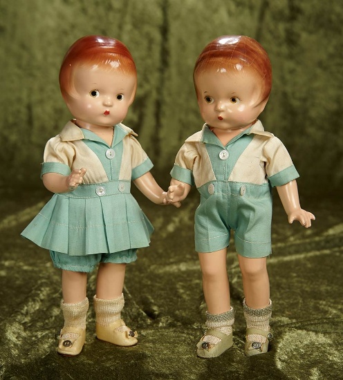 Pair, 12" American composition Patsy dolls, original matching brother and sister costumes. $400/500