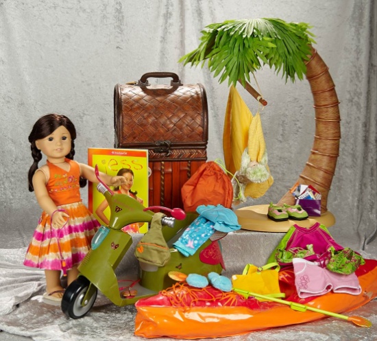 "Jess" with costumes, accessories, motorcycle, palm tree and book. $400/500