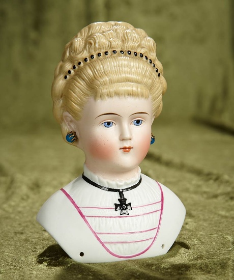 7" German bisque lady shoulderhead, blonde sculpted hair, Iron Cross, sculpted bodice. $400/500