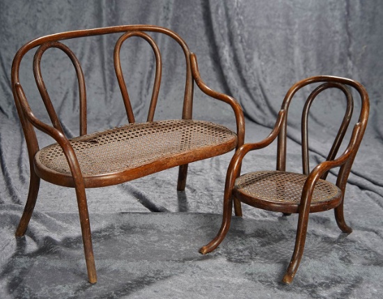 14"h. French bentwood settee and matching chair for bebes, c. 1885. $600/800