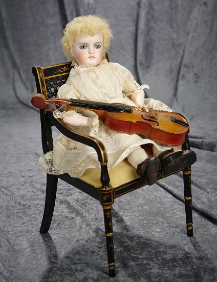 14" Beautiful Sonneberg bisque doll with closed mouth, model 138, with chair and violin. $800/1100