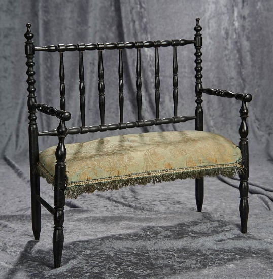 17"h. French ebony wood settee with spindled frame. $400/600