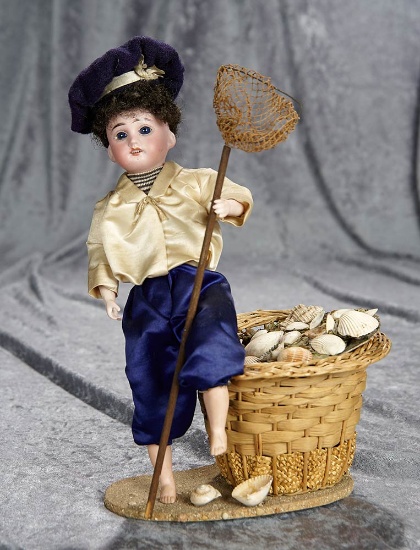 11" Delightful French candy container vignette depicting bisque sailor boy, candy box. $1100/1400