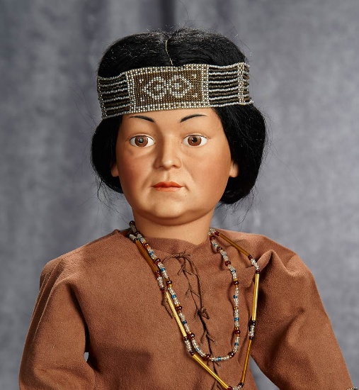 22" Very rare German bisque portrait model 1303, Native American, Simon and Halbig. $4800/6500
