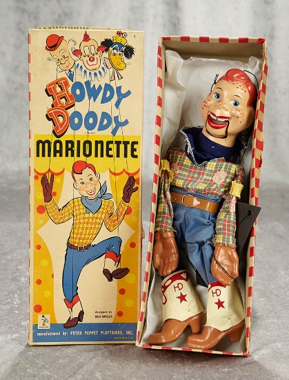 15" Composition "Howdy Doody" marionette, original costume and box. $300/400