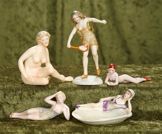 3"-5". Five German all-bisque bathing beauties. $600/900