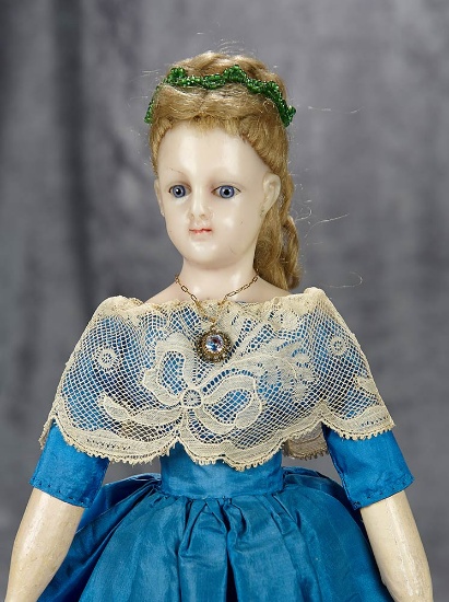 16" German wax glass-eyed lady with wooden limbs, original wig. $500/700