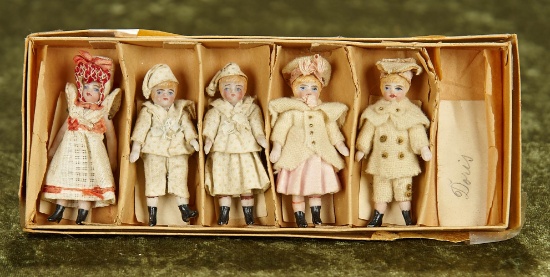 2 1/2" Set of German All-Bisque Dolls in Original Costumes and Box, Unusual Name Cards. $500/700