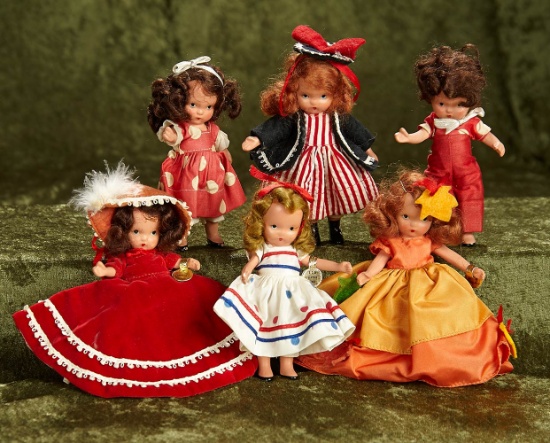 Six early period 5" Nancy Ann Storybook dolls, rare models. $200/300