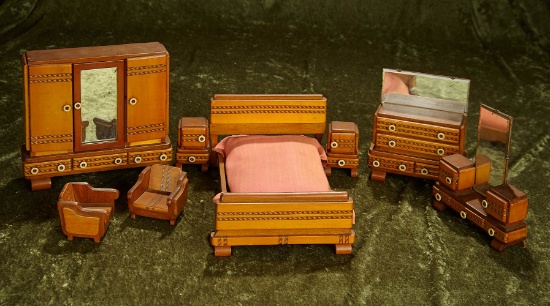 7"h. armoire. Set of miniature wooden bedroom furnishings in the Art Deco manner. $300/500