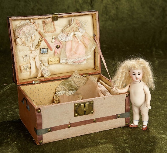 7" German all-bisque miniature doll by S&H in trunk with trousseau and accessories. $600/900