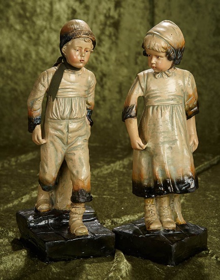 15" Pair, Rare Earthenware Figures of Art Character Boy and Girl. $400/600