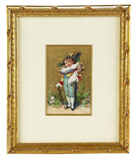 French Miniature Painting of Dauphin Holding Poupard by Luigi Loir 800/1100