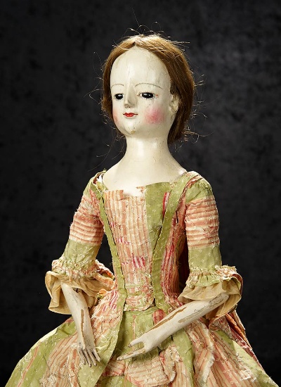 Outstanding Early English Wooden Lady with Original Costume and Luxury Details  28,000/45,000